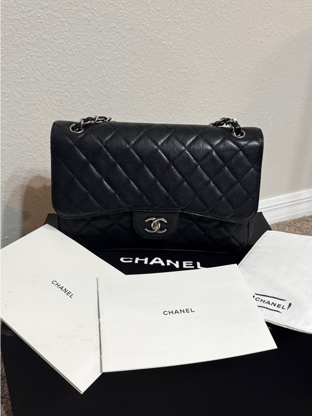 CHANEL Jumbo Black Quilted Caviar Leather Shoulder Bag with Silver Hardware